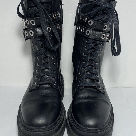 ZARA Black Leather Combat Boots Double Buckle Grommet Lace Up Lug Sole Size 7.5 - Picture 2 of 16